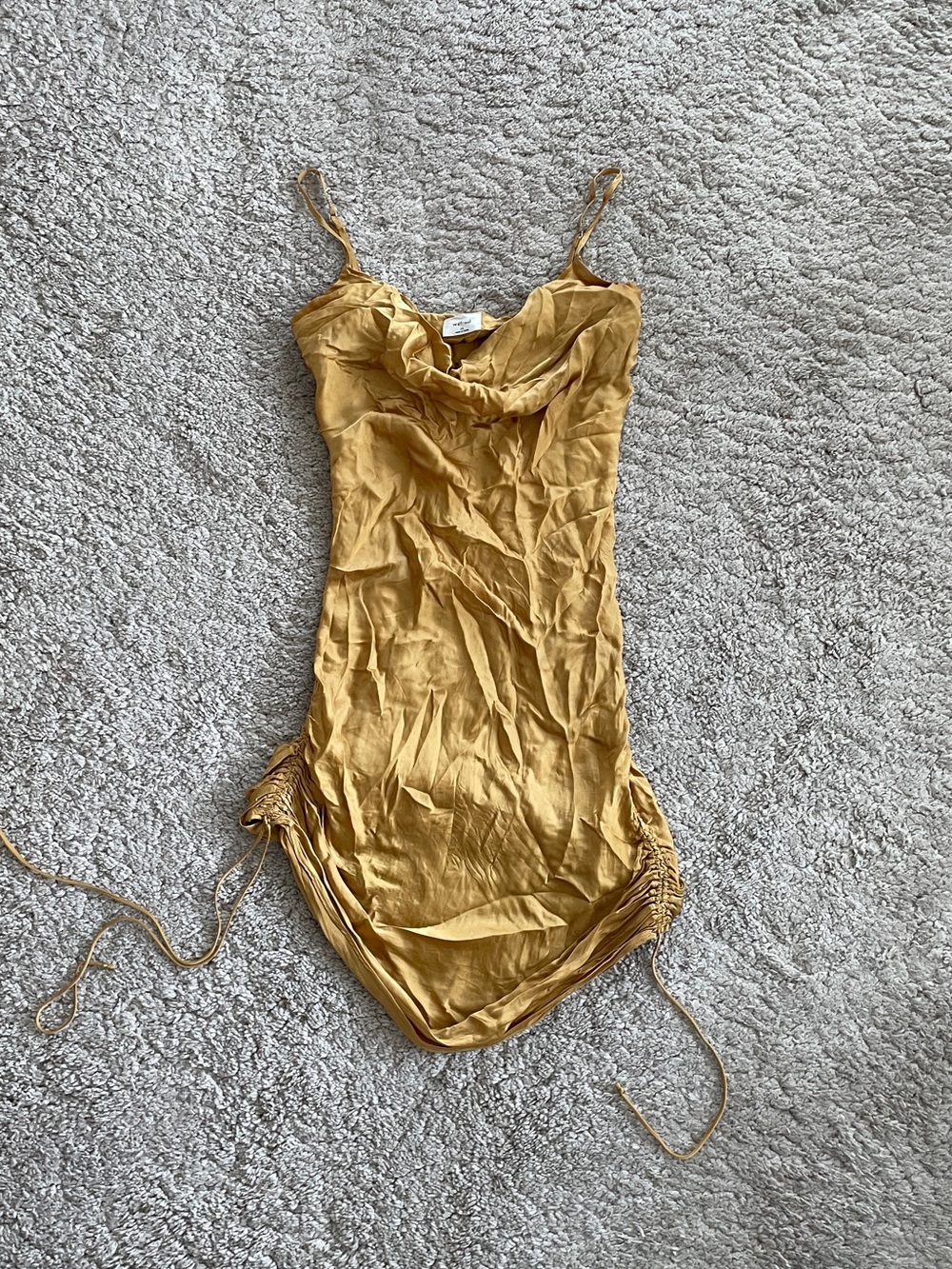 Wilfred Satin Cowl Ruched Slip Dress in Mustard